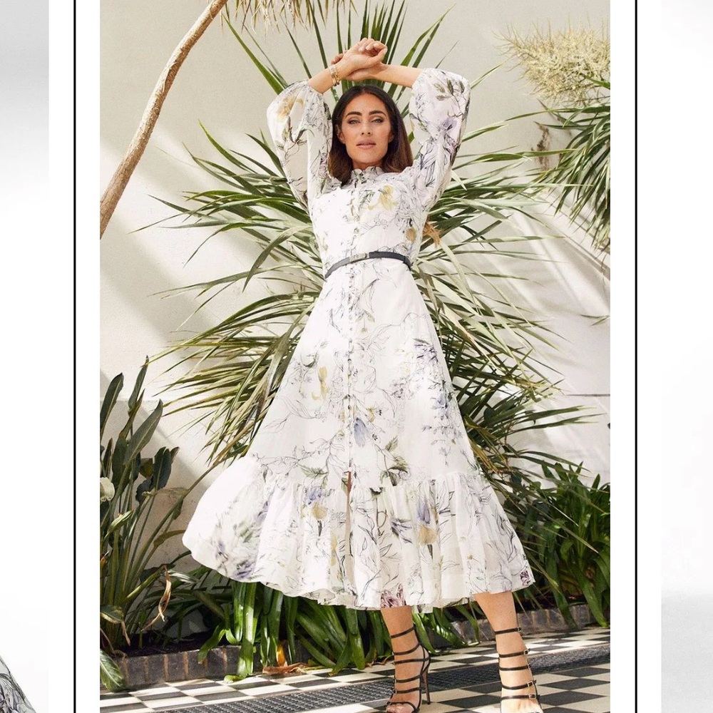 Karen Millen White Cotton Silk Botanical Button Down Pintuck Maxi Dress NWT